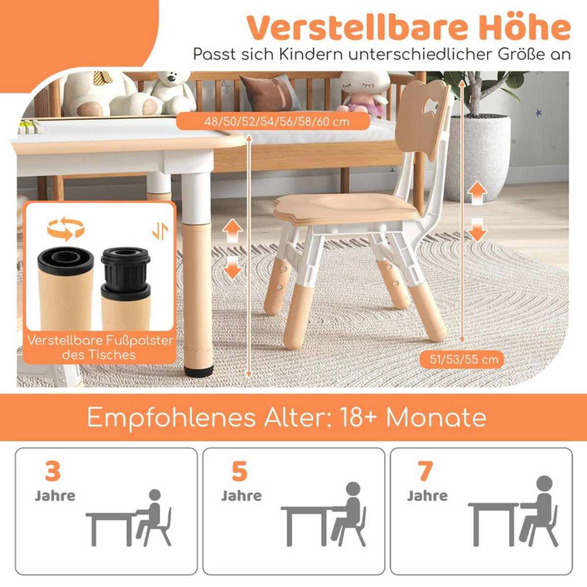 KINDERTISCH mit 4 Stühlen natur(5-tlg) - Naturfarben, Kunststoff (120/60/60cm) - COSTWAY