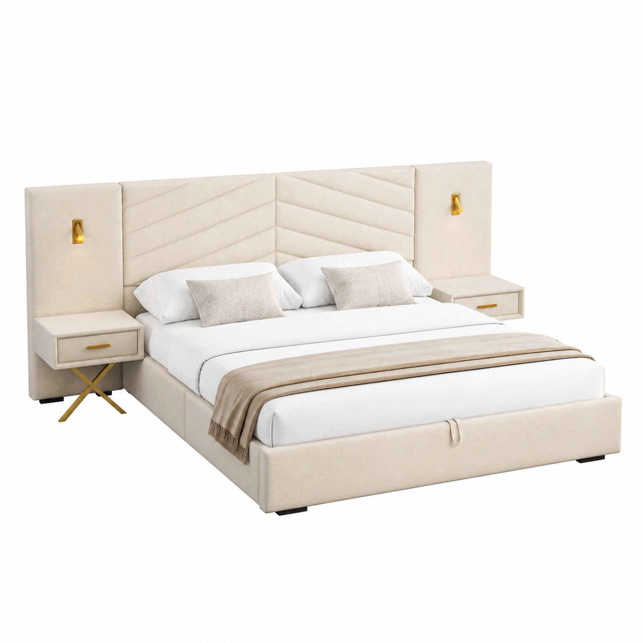 BETT mit Bettkasten 160x200 cm Samt Beige White - Beige, Holz (160/200cm) - Meubliv