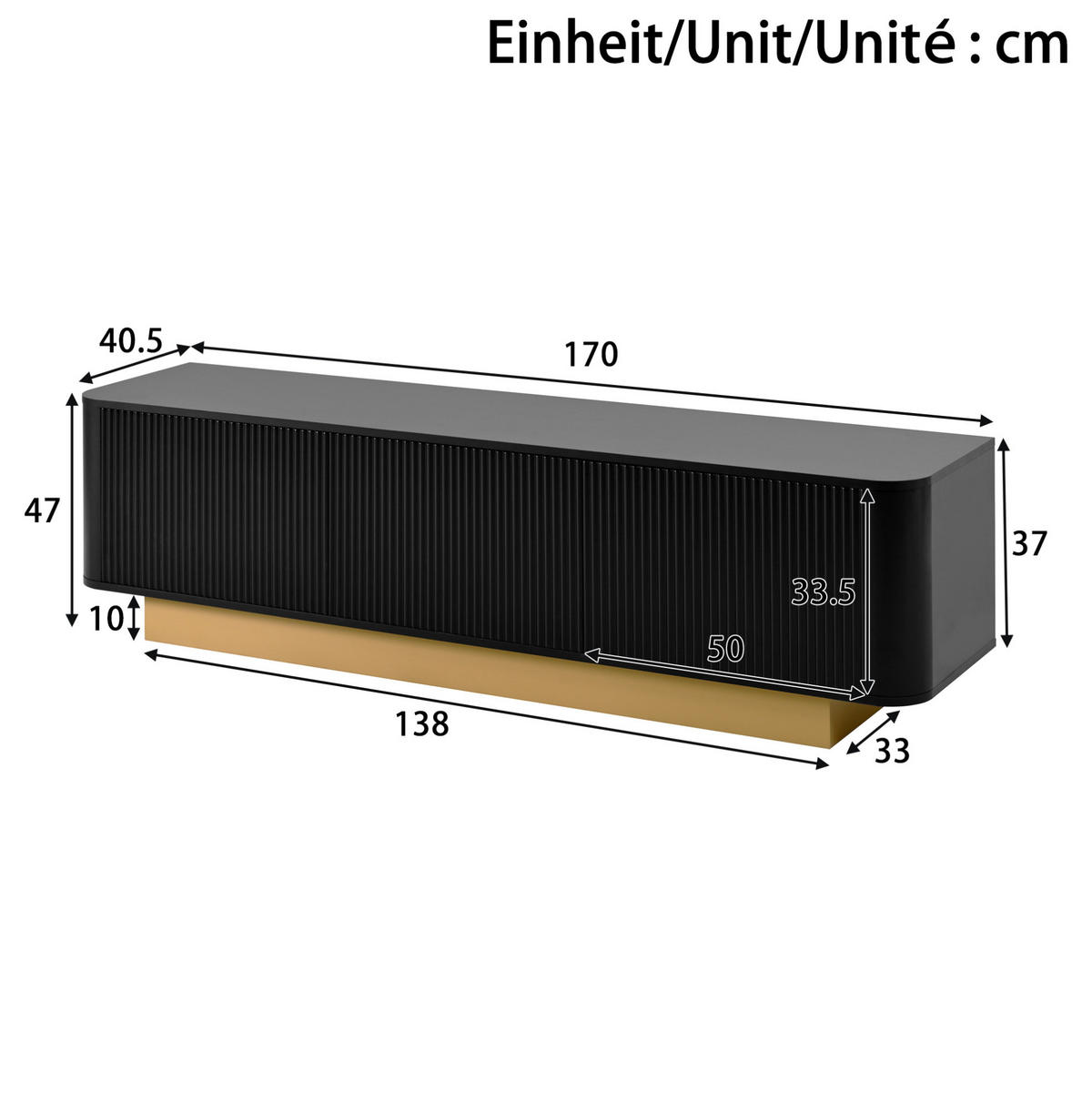 TV-LOWBOARD aus MDF und Spanplatte 170x40,5x47 cm Schwarz mit Kabelmanagement und 3 Türen - Schwarz, Holzwerkstoff (170/47/40.5cm) - Modfu