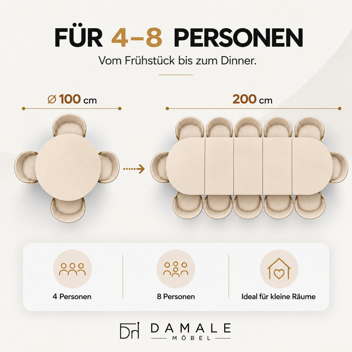 ESSTISCH rund ausziehbar 100-200/100/76 cm, Kaschmir, 54 cm Tischplatte + Metall weiß - Kaschmir, Holzwerkstoff/Metall (100/200/76cm) - Damale Möbel