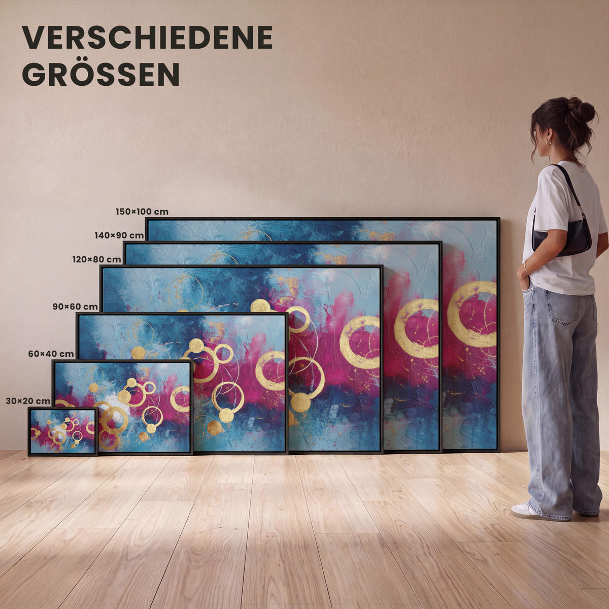 LEINWAND Bilder mit Rahmen - Kreise - Gold - Abstrakt - 140x90 - Blau, Textil (140/90cm) - MuchoWow