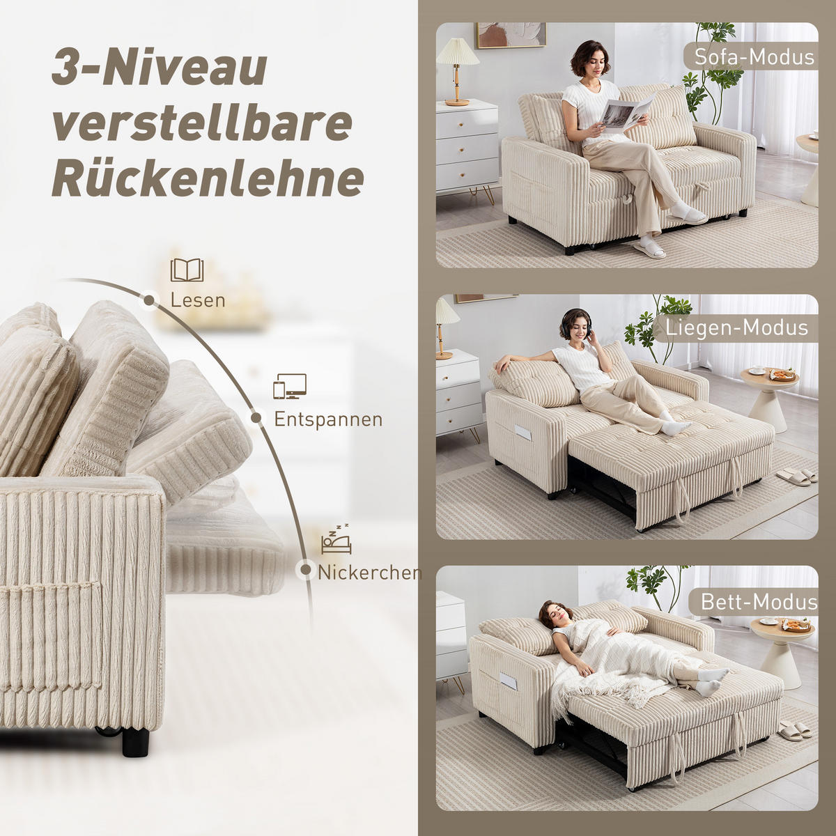SCHLAFSOFA, 2-Sitzer Sofa 157x190cm mit Schlaffunktion, Verstellbare Rückenlehne - Creme/Schwarz, Kunststoff/Textil (90/91/157cm) - HOMCOM