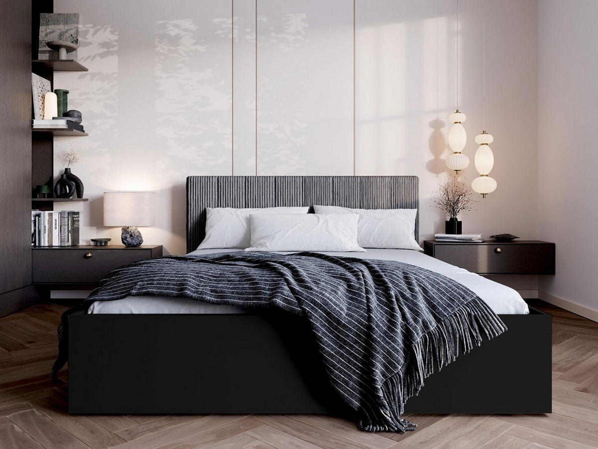 BETT Schwarz STYLE Mit Gepolstertem Grauem Kopfteil 120x200 cm - Grau, Textil (120/200cm) - Sepro Meble