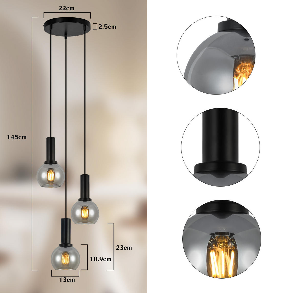 HÄNGELEUCHTE Vossq 22/13/145 cm - Schwarz, Metall (22/13/145cm) - ZMH
