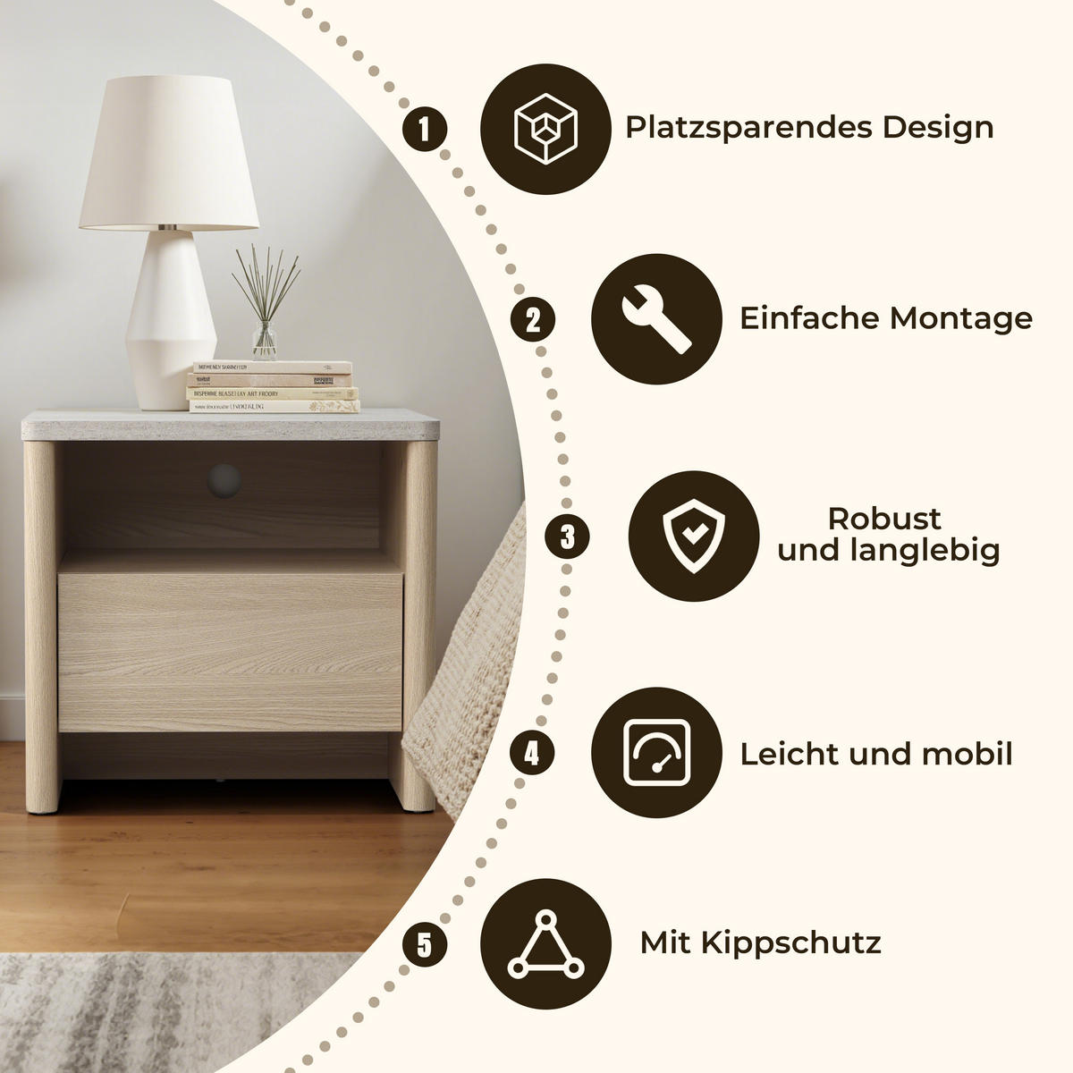 MODERNER Nachttisch mit Schnee-Eichenoptik, Schubladen & Kunst-Travertin-Platte | B53 x T45 x H50 cm - Braun, Holzwerkstoff (53/50/45cm) - Hometopia