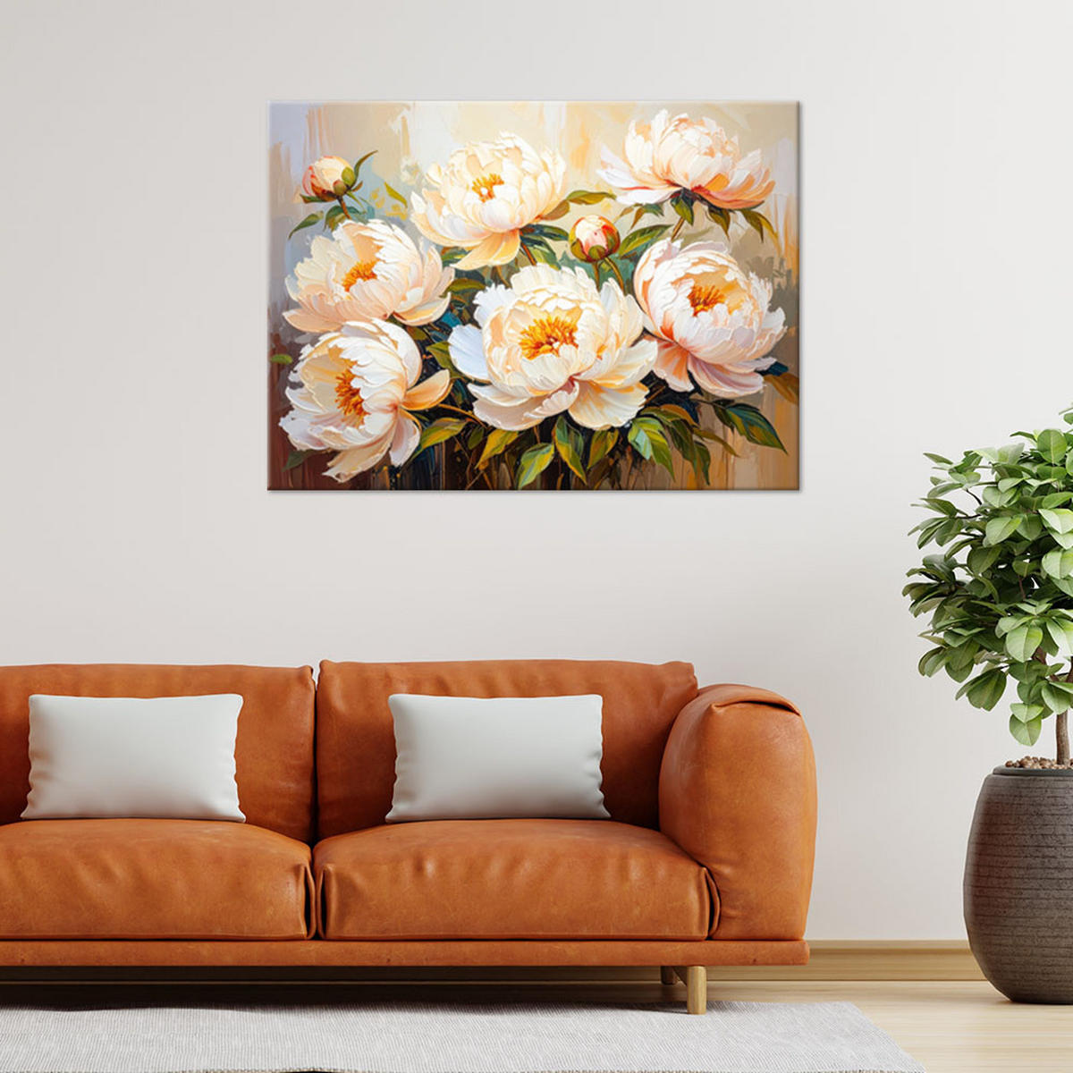 LEINWANDBILD Pfingstrosen Blumen auf beigem Hintergrund Imitation von Farbe 120x80cm - Beige, Textil (120/80cm) - Feeby