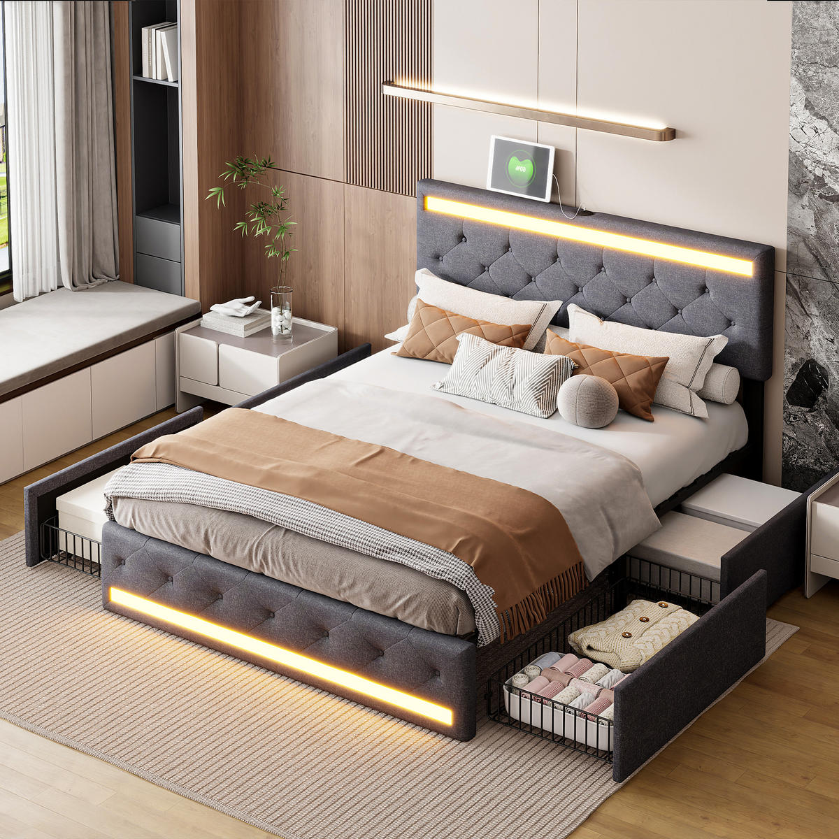 POLSTERBETT 140/190 cm, in Grau Leinenoptik Stoff, Bettkasten, Gepolstertes Kopfteil mit LED-Beleuchtung USB, 4 Metall-Stauraumschubladen - Dunkelgrau, Textil/Metall (140/190cm) - BPKADHY