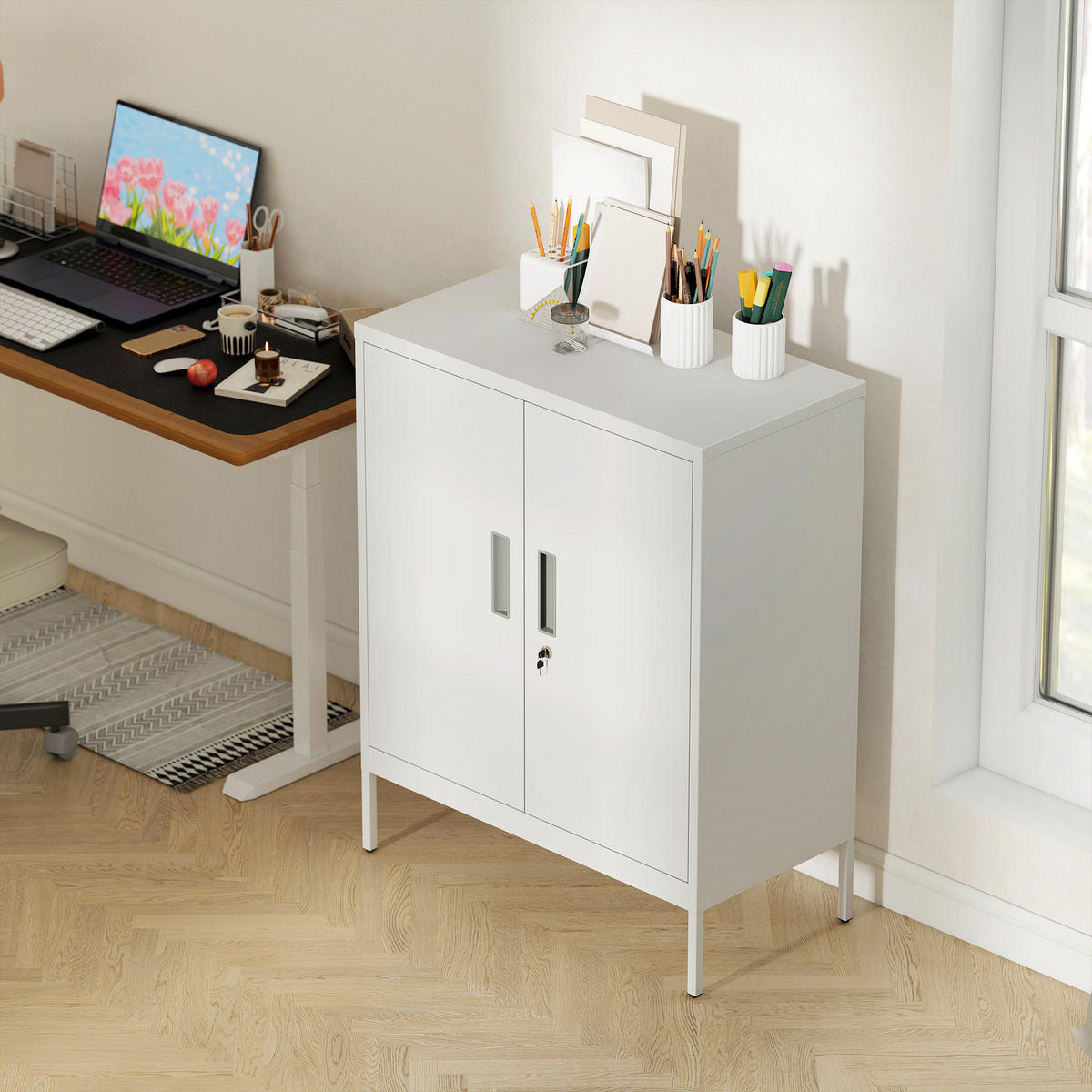 AKTENSCHRANK abschließbar Büroschrank mit 2 Türen 2 verstellbar Regalen Stahl - Weiß, Metall (40/100/80cm) - HOMCOM