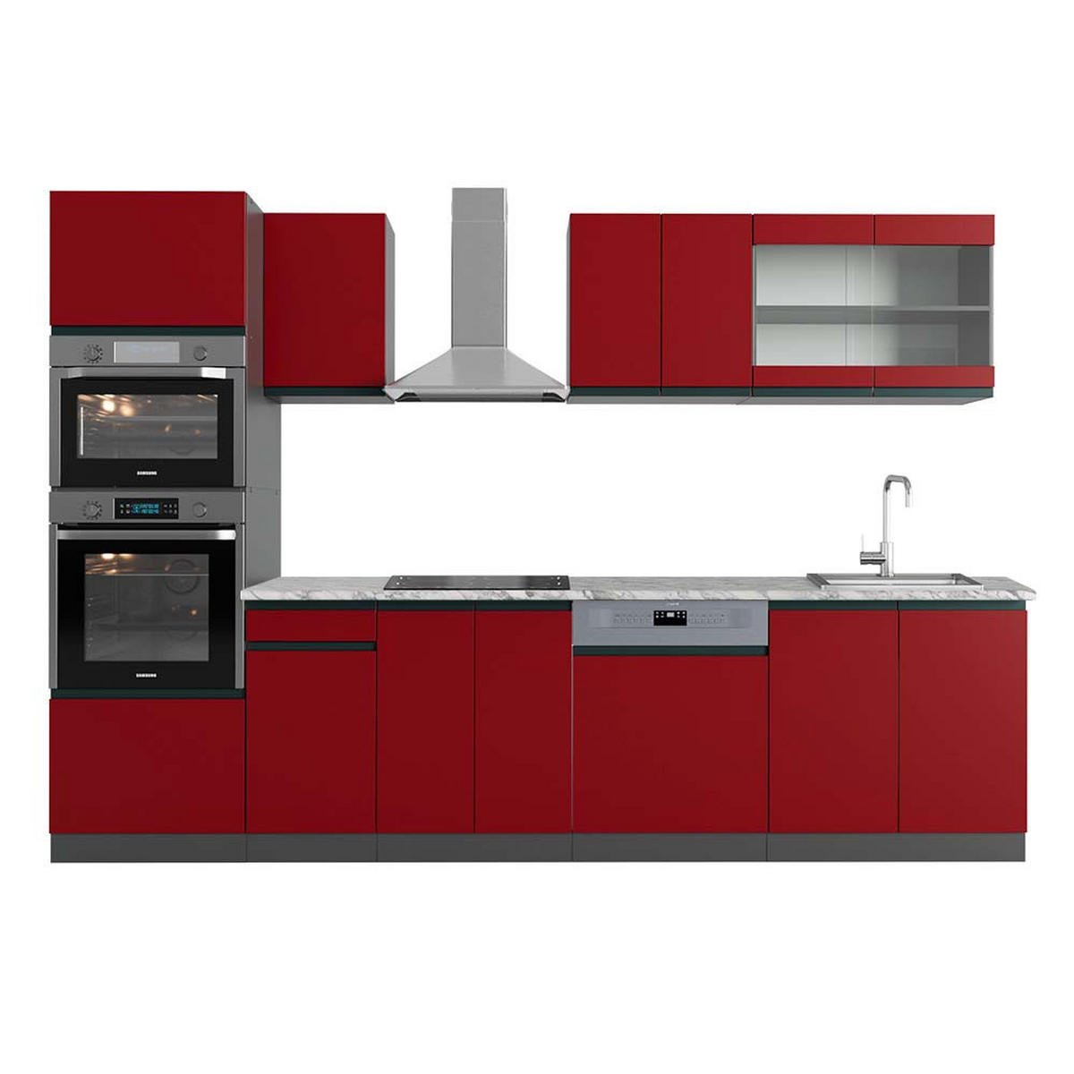 KÜCHENZEILE R-Line Rot/Anthrazit 300 cm mit Hochschrank, AP Marmor - Rotbraun/Anthrazit, Holzwerkstoff (300/81.6/60cm) - Vicco
