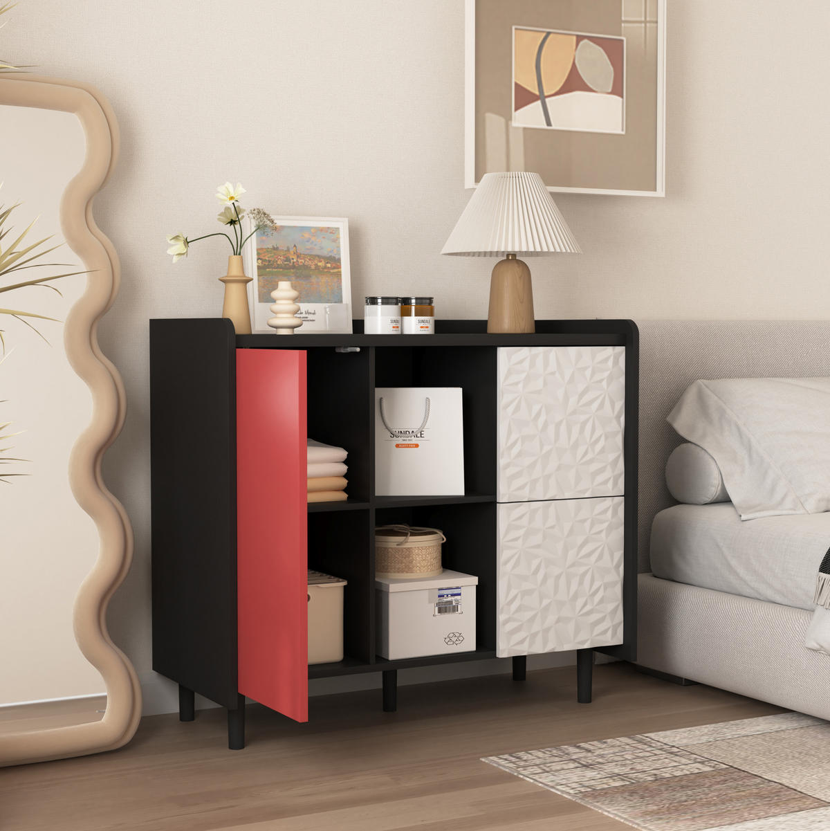 SIDEBOARD 90/40/80 cm mit 2 Schubladen & offenen Fächern in Schwarz/Rot - Rot, Holzwerkstoff (90/80/40cm) - BEAOK