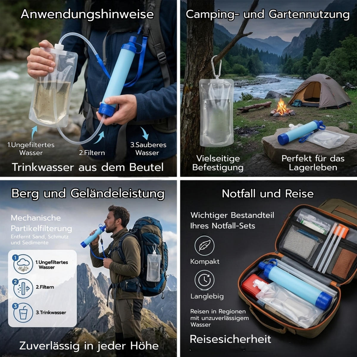 TRINKWASSERAUFBEREITUNG 4er set Notfall Ausrüstung Tabletten Survival Kit Rucksack Set Komplettset Wasseraufbereitung Trinkwasser Notfallrucksack - Multicolor, Kunststoff/Metall (10/10/10cm) - JUNG