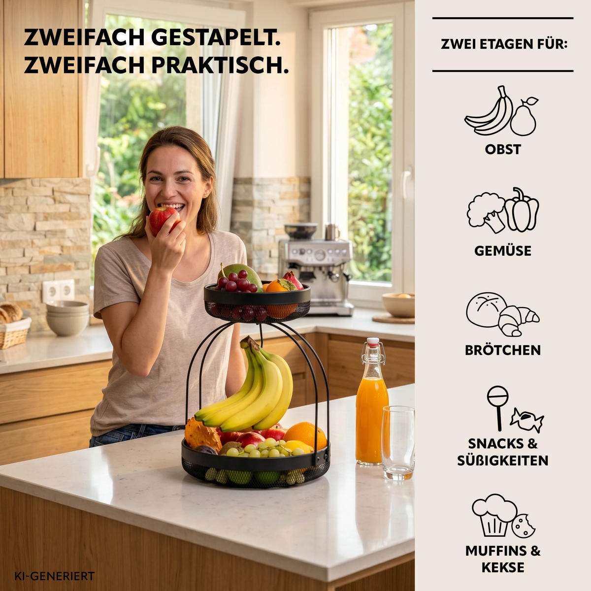 OBSTETAGERE mit Bananenhalter, schwarz, rund - Schwarz, Metall (30/38.5cm) - eluno