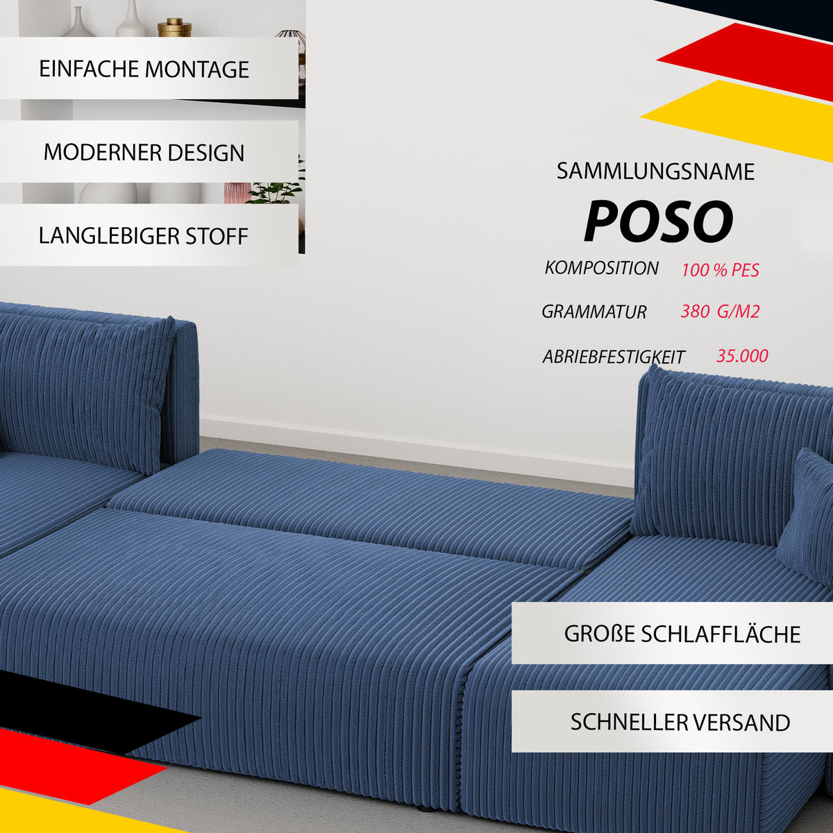 WOHNLANDSCHAFT mit Schlaffunktion und Bettkasten, Blau - Blau/Schwarz, Kunststoff/Textil (318/79/145cm) - Idohome