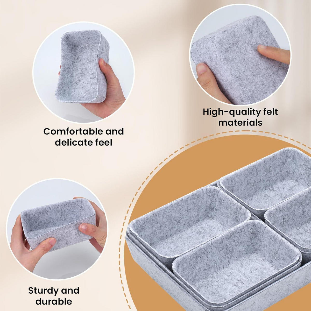 SCHUBLADEN Organizer 7-teiliges Set Filz Hellgrau - Grau, Textil (20/5/28.5cm)