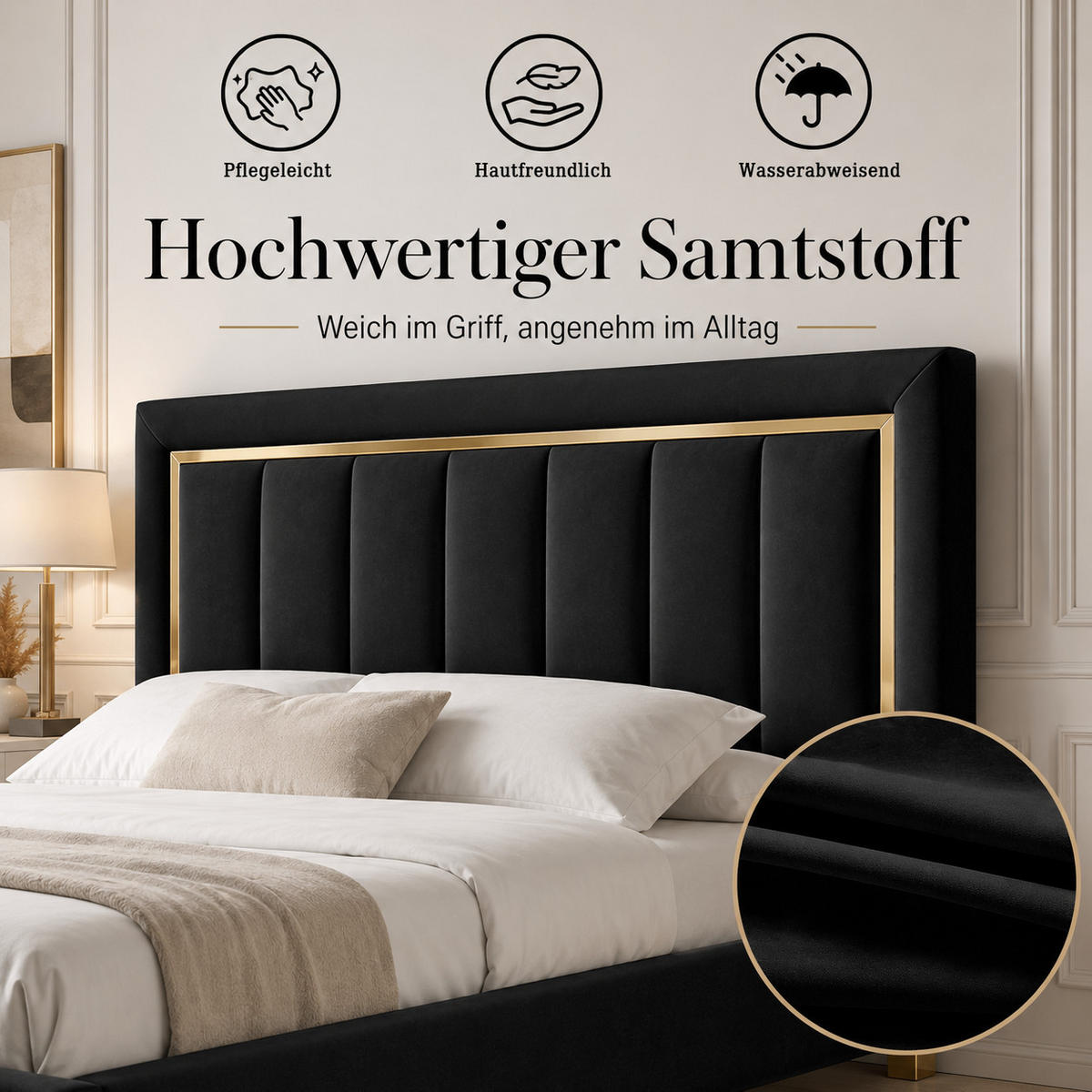 POLSTERBETT 160/200 schwarz Samt mit Stauraum, Goldzierleiste & höhenverstellbarem Kopfteil - Schwarz, Holz/Metall (160/200cm) - Joyfair