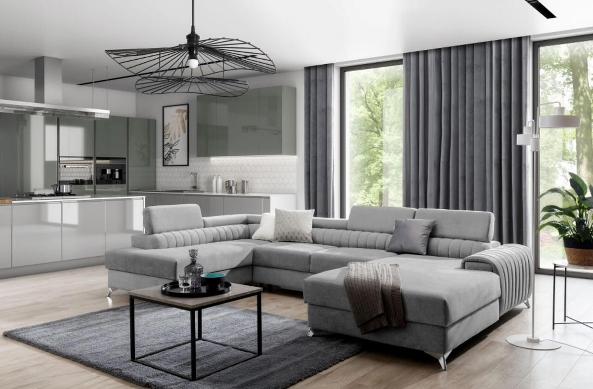 WOHNLANDSCHAFT mit Schlaffunktion und Bettkasten - Chromfarben/Grau, Textil/Metall (354/92/202cm) - Eltap