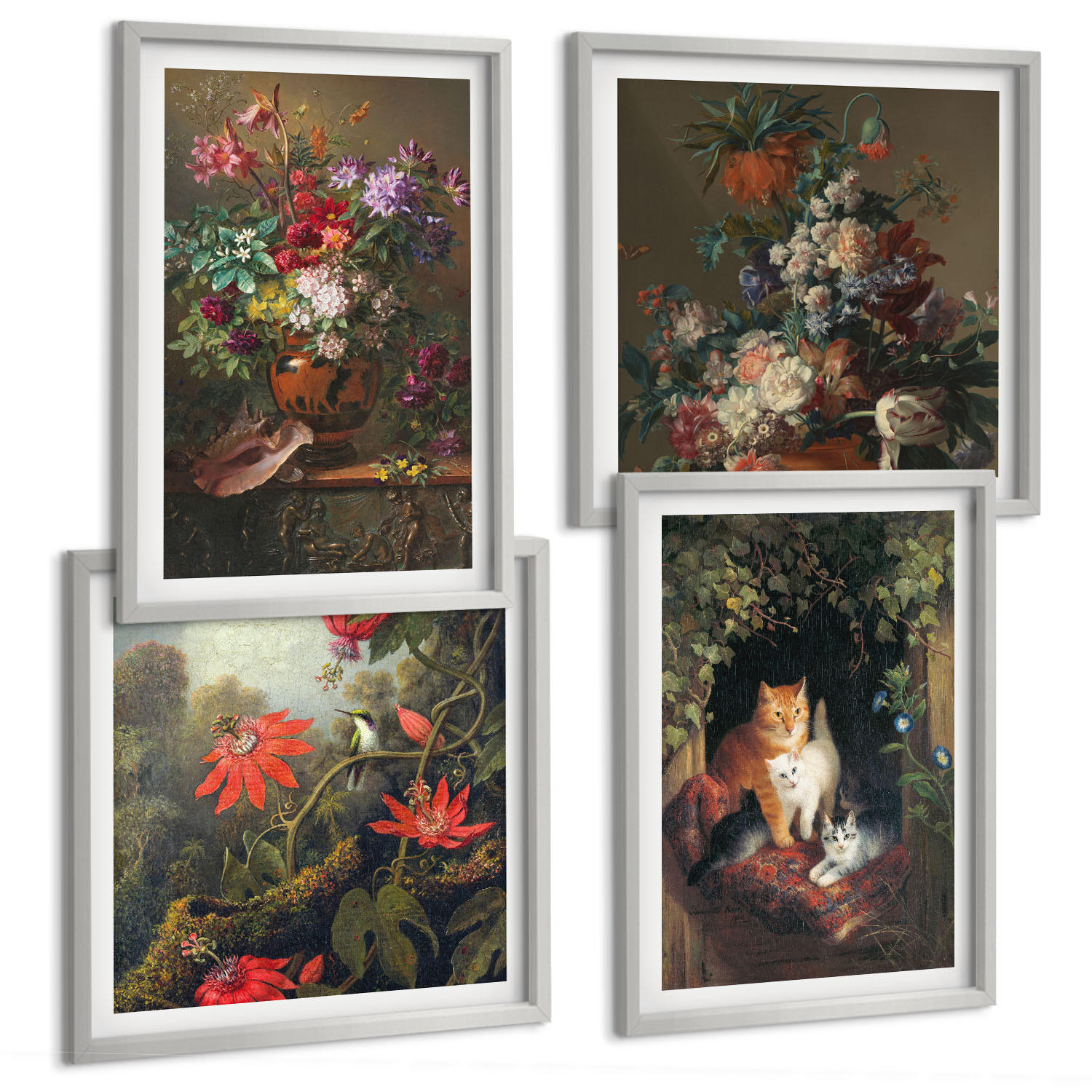 BILDER SET 4er Set - 50x50 cm & 40x60 cm Silberner Rahmen - Vintage-Blumen, Katzen, Pflanzen - Silberfarben, Kunststoff (50/50cm) - TULUP
