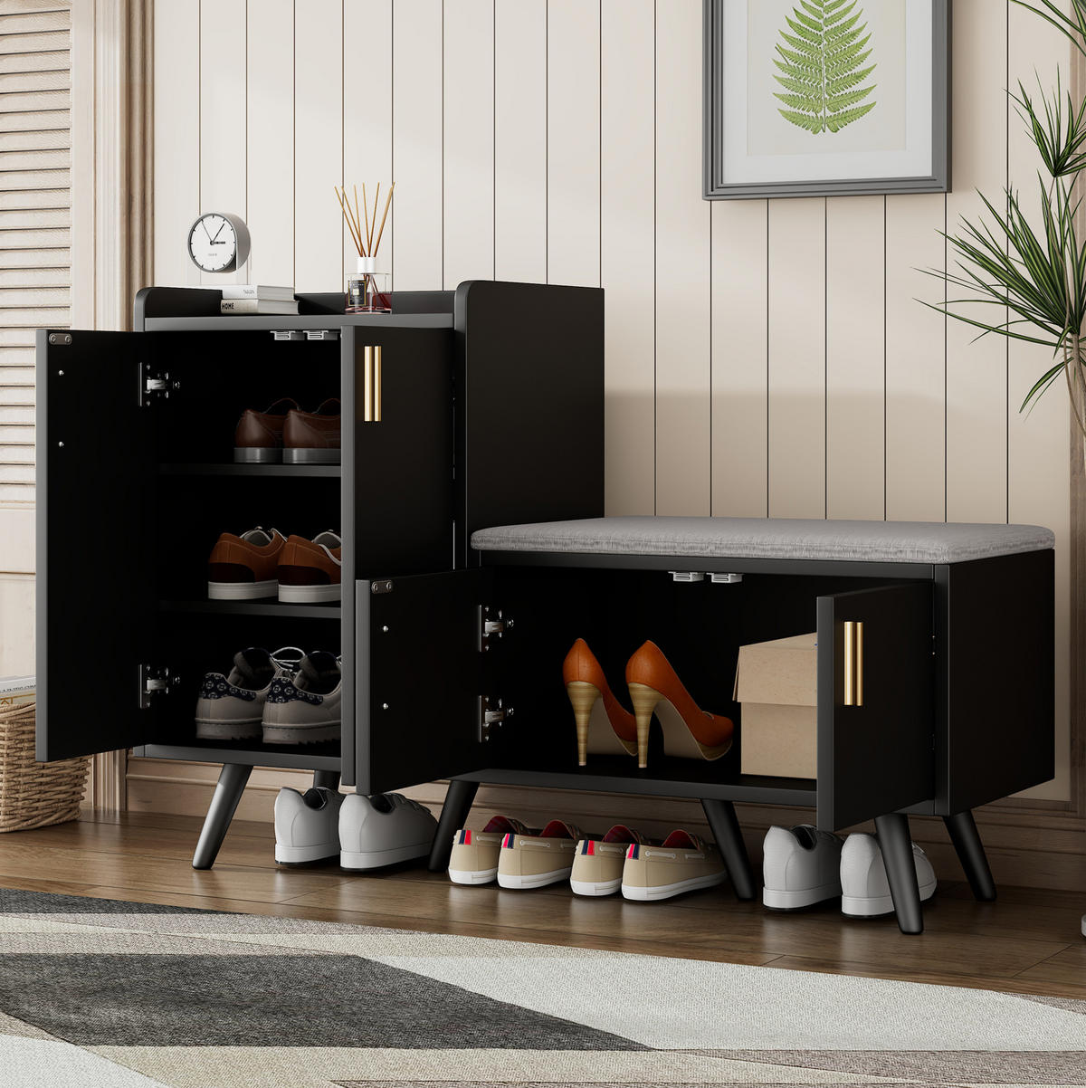 SCHUHSCHRANK aus Spanplatte 120x34x82cm in Schwarz mit Sitzpolster - Schwarz, Holzwerkstoff (120/82/34cm) - Modfu
