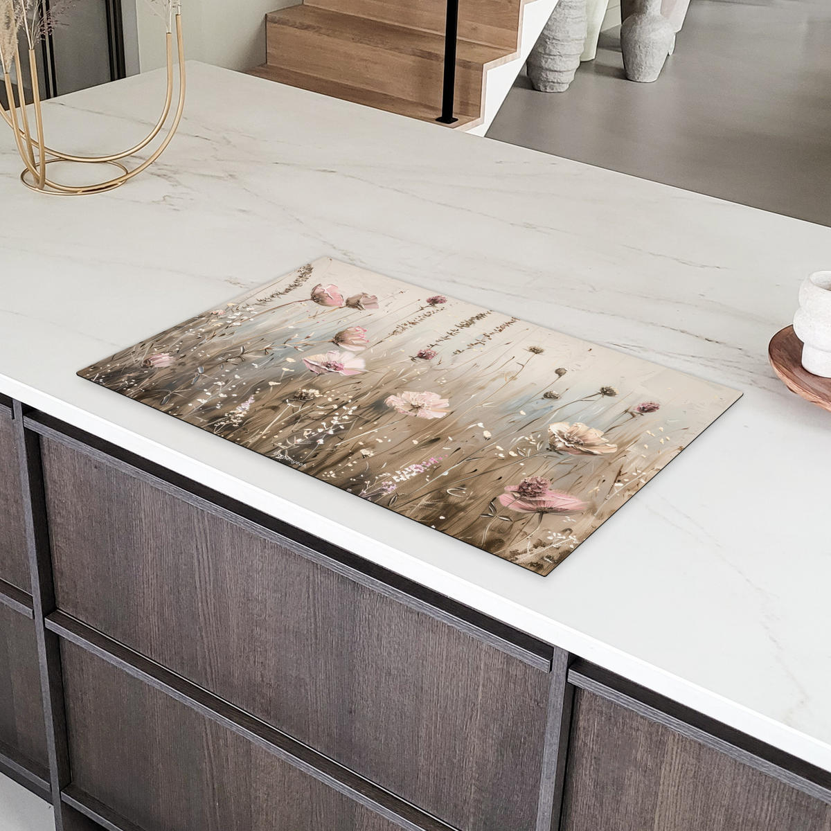 HERDABDECKPLATTE Blumen - Beige - Trockenblumen 85x52 cm - Beige, Kunststoff (85/52/0.2cm) - MuchoWow