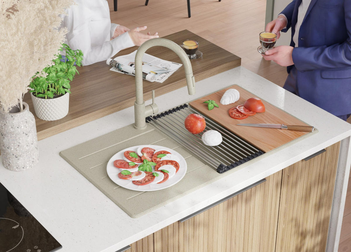 SPÜLBECKEN Kopenhagen, 2-er set Beige 90/50 cm 1 Becken + Ablauf-Set + Schneidebrett ab 60er Unterschrank - Chromfarben/Beige, Kunststoff (90/20/50cm) - Primagran