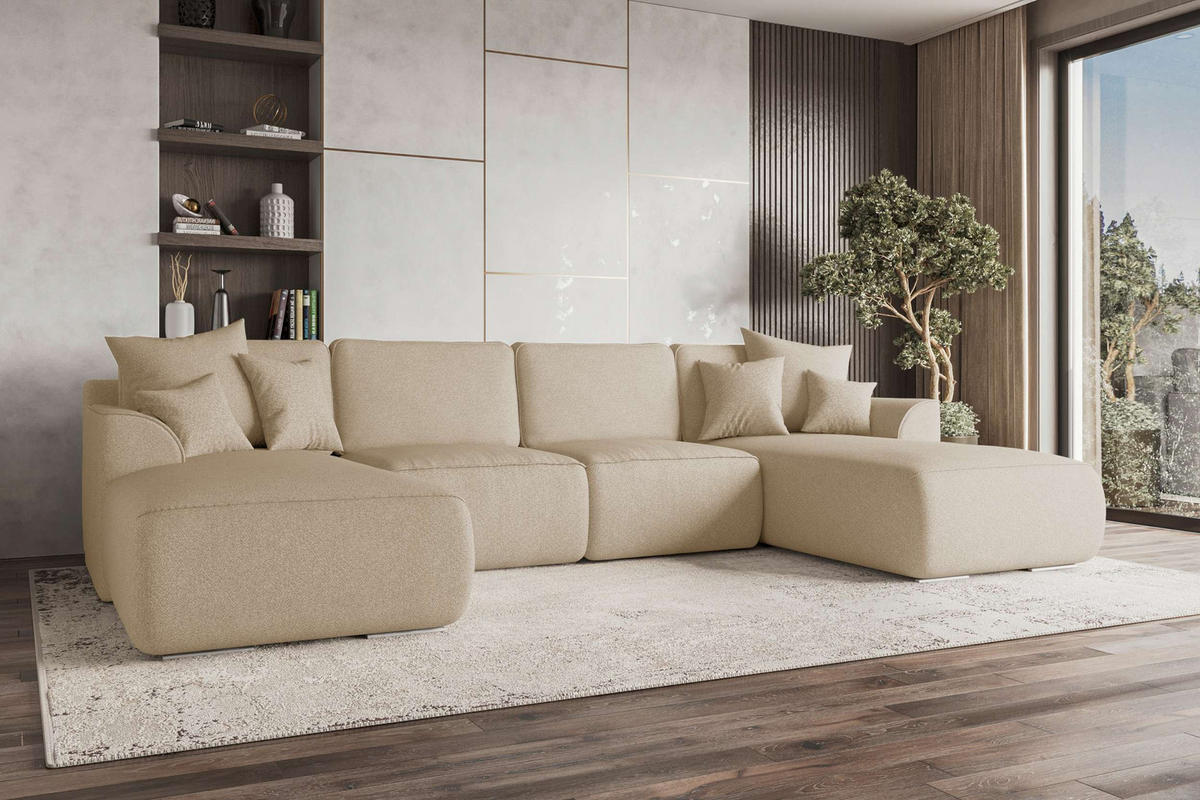 WOHNLANDSCHAFT GUSTO Strukturstoff Beige inkl. Schlaffunktion - Chromfarben/Beige, Kunststoff/Textil (306/96/194cm) - 99rooms