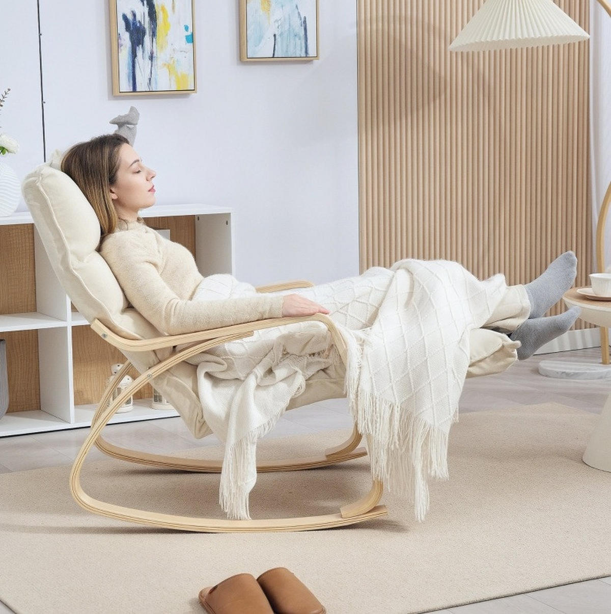 RELAX-SCHAUKELSTUHL 67/106-123/92 cm mit Fußstütze und Polsterung in Cremeweiß - Creme, Textil (67/92/106cm) - BEAOK