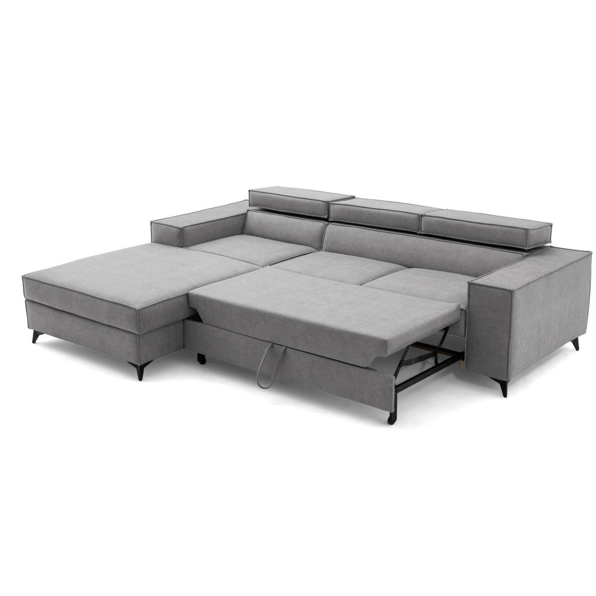 ECKSOFA PURE S Links mit Schlaffunktion 127x215 Velours Hellgrau - Hellgrau/Schwarz, Holz/Textil (281/204cm) - Muffo