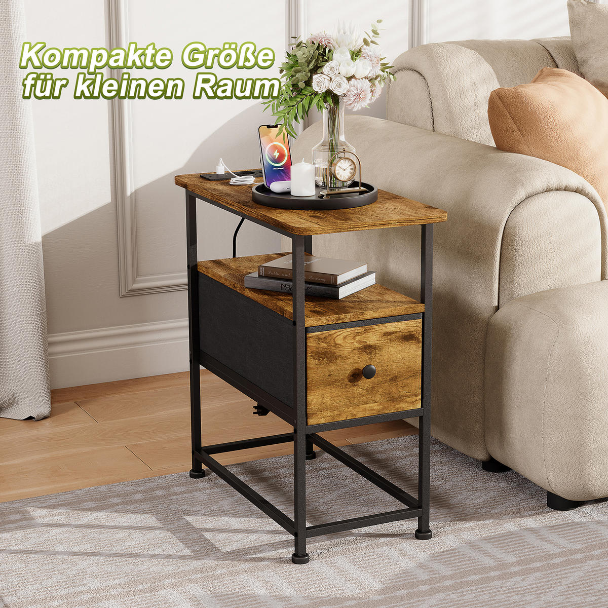 NACHTTISCH LED USB Schublade offene Fächer Tigerstreifen - Naturfarben, Holz (60/62/30cm) - LEBENLANG