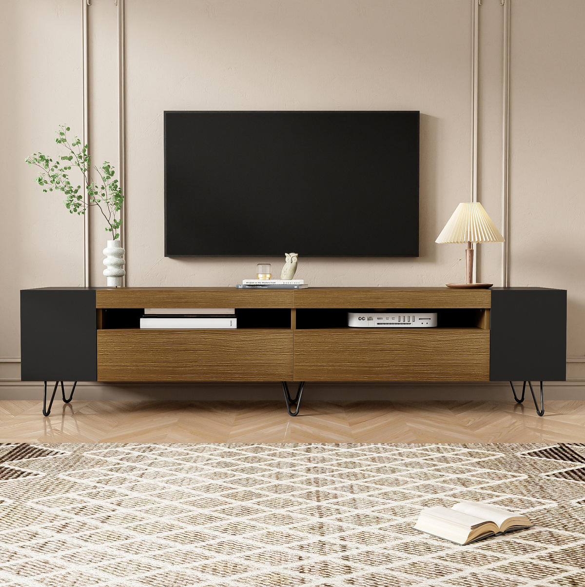 TV ormarić 180/36/43 cm crni u boji drva od MDF-a i iverice s otvorenim policama i 2 vrata - crna, drvni materijal (180/43/36cm) - OKWISH