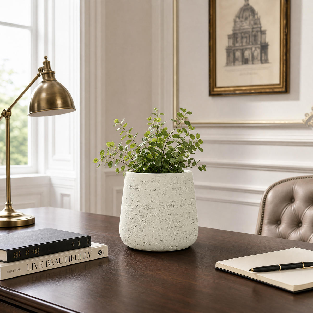 BLUMENTOPF groß & rund mit Ablaufloch, Ø 26 × H 24 cm, Creme - Weiß, Naturmaterialien (24cm) - Hometopia