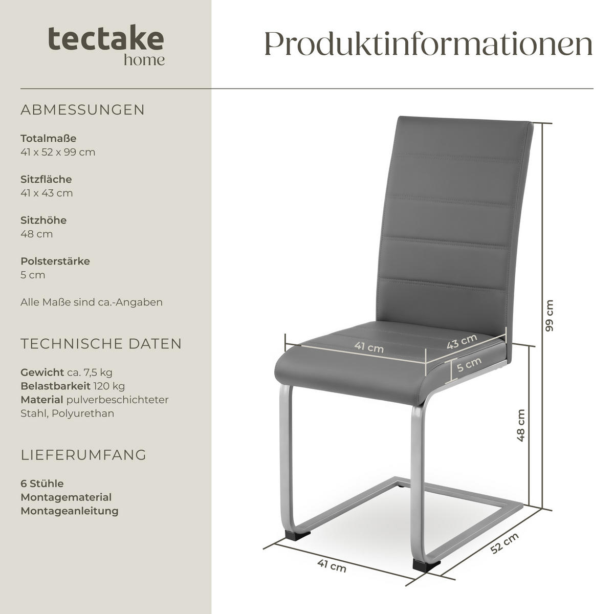 SCHWINGSTUHL 6er Set Bettina 41 x 52 x 99 cm grau - Grau, Textil (52/99/41cm) - tectake