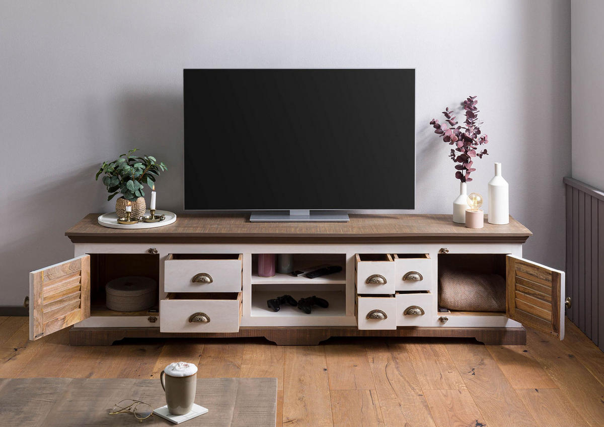 TV-BOARD Mango 220x45x55 weiß lackiert TOULOUSE #109 - Weiß, Holz (220/55/45cm) - Massivmoebel24