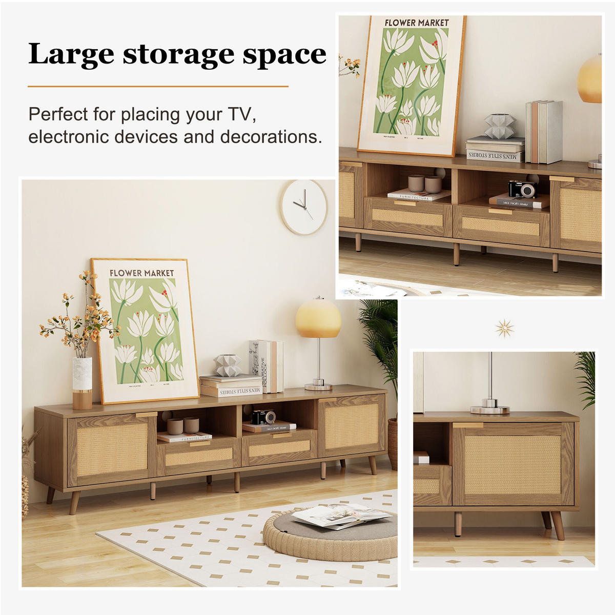 TV-MÖBEL aus Rattangeflecht Beine aus Massivholz 200/37/49cm - Eichefarben, Holz (37/49/200cm) - Urban Meuble