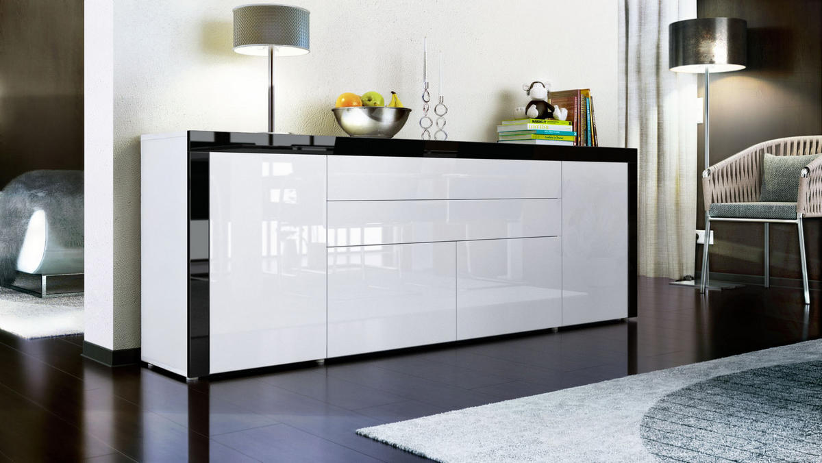 SIDEBOARD La Paz Weiß Hochglanz / Schwarz Hochglanz - Weiß Hochglanz, Holzwerkstoff (200/72/35cm) - Vladon