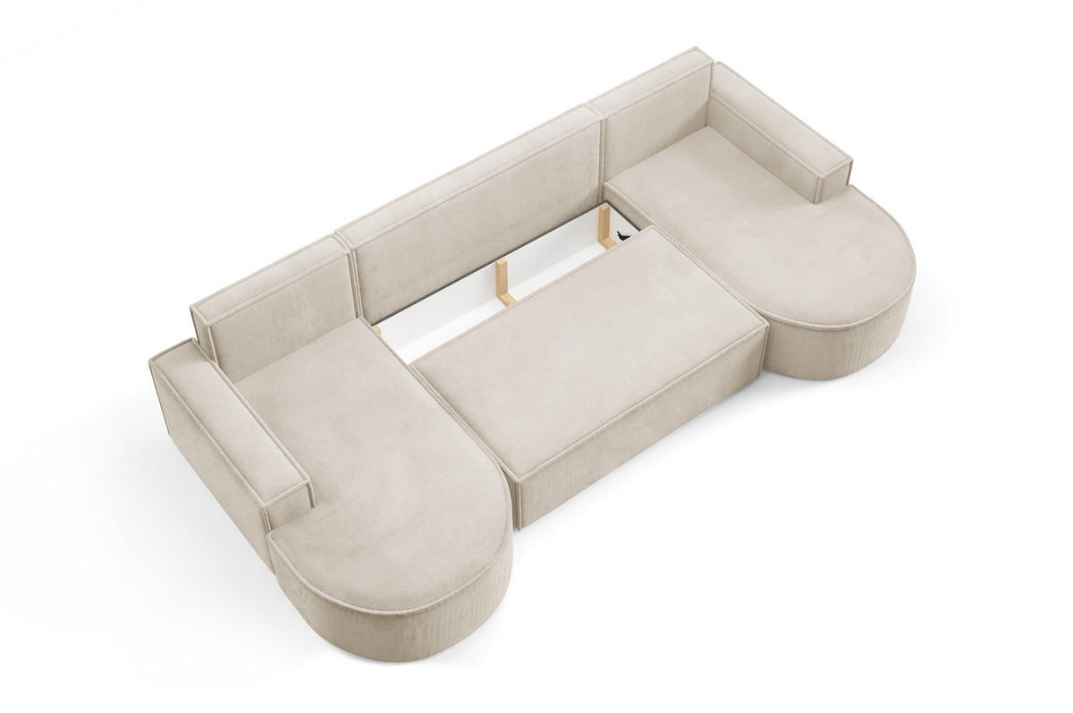 ECKSOFA MOLLY U Freistehendes, mit Schlaffunktion, 140x273cm, Bettkasten und Abnehmbaren Kissen – 316x157x88cm, Curio Stoff, Beige - Beige, Holz/Textil (316/157cm) - DomoHome