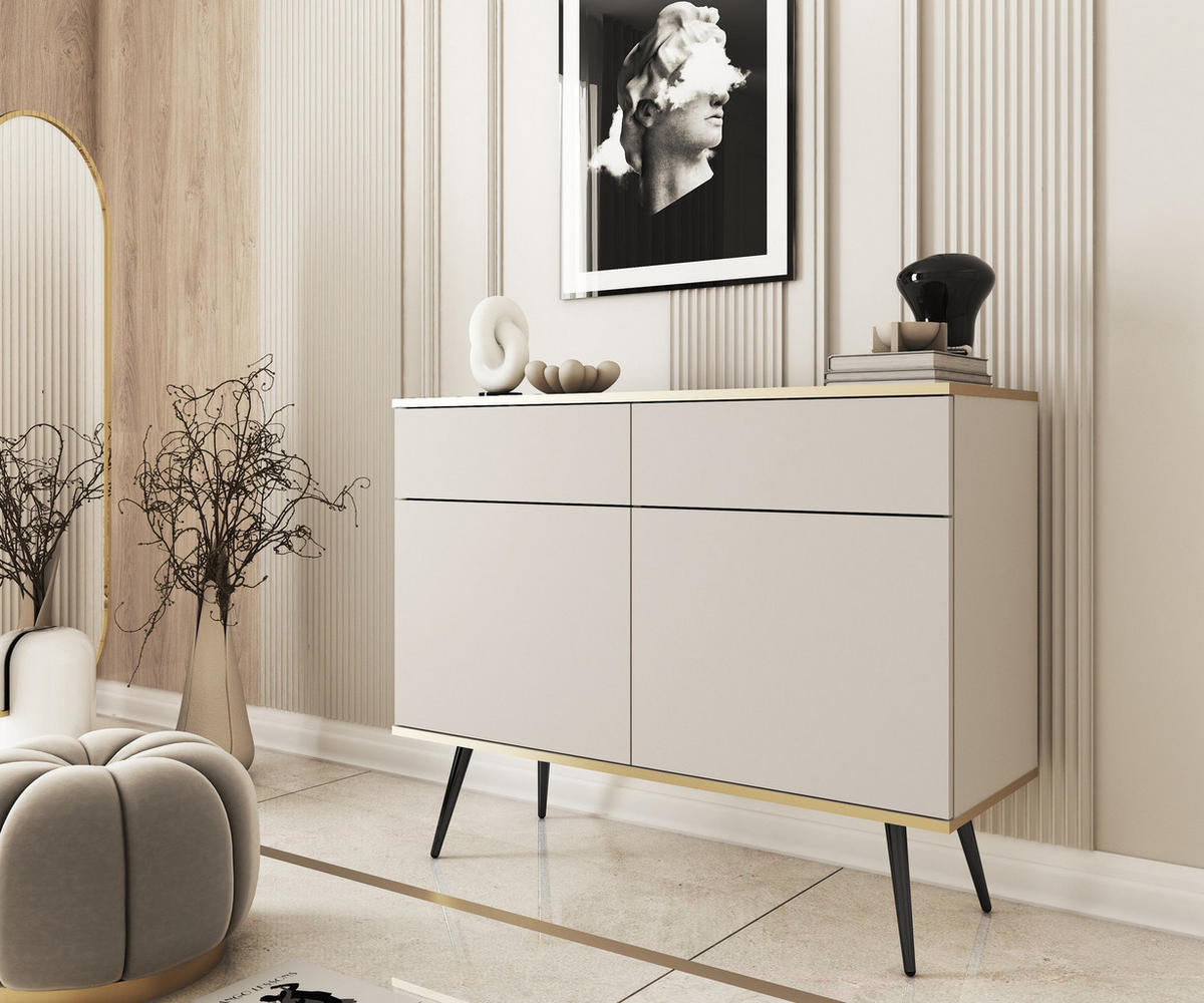 KOMMODE FORNO (Beige, Goldene Details, 2 Türen, 2 Schubladen, schwarze Metallfüße) - Beige/Schwarz, Holz/Holzwerkstoff (107/85/39cm) - Ravio