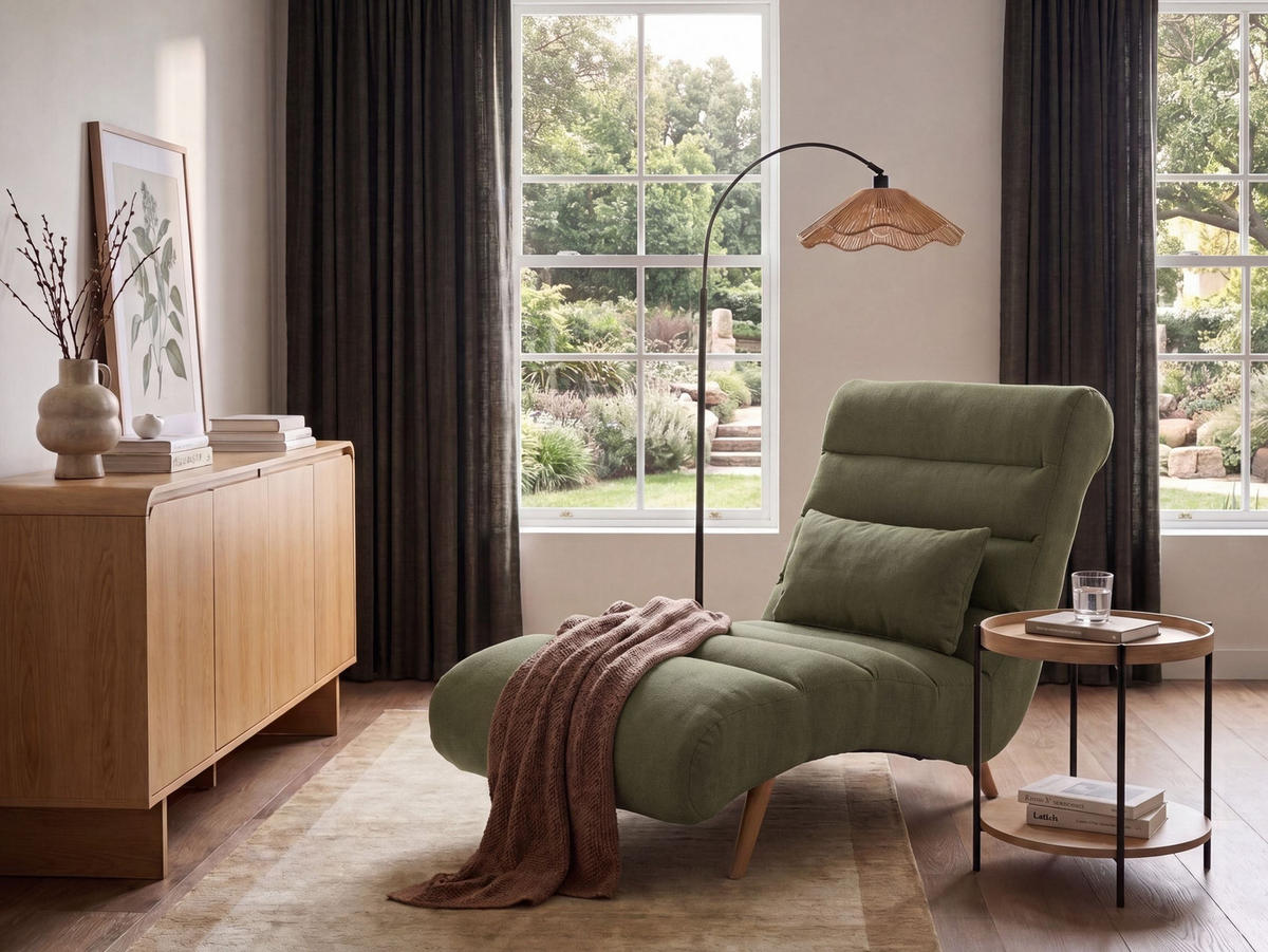 ČALOUNĚNÉ LEHÁTKO CHAISE LONGUE Látka Zelené Rives - zelená barva/hnědá, textil (78/97/160cm) - Beliani