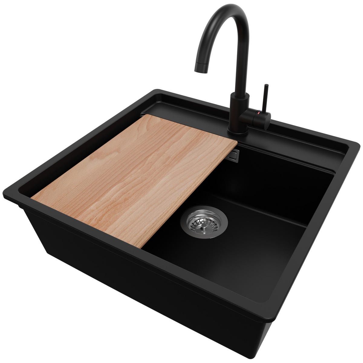 UNTERBAUSPÜLE GRANIT Bergen, 2-er set Schwarz 56/53 cm 1 Becken + Küchenarmatur 32/20 cm + Ablauf-Set + Schneidebrett ab 60er Unterschrank - Chromfarben/Beige, Kunststoff (56/20/53cm) - Primagran