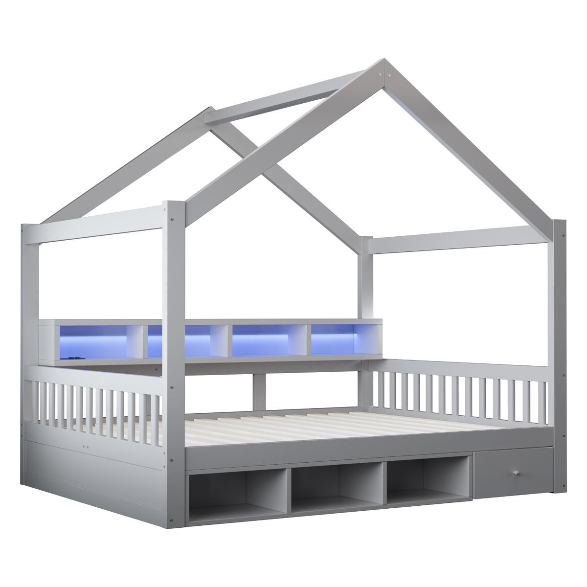HAUSBETT 140/200 cm mit Dachrahmen und LED, DE-41651, in Grau - Grau, Holzwerkstoff (140/200cm) - ComfortXL