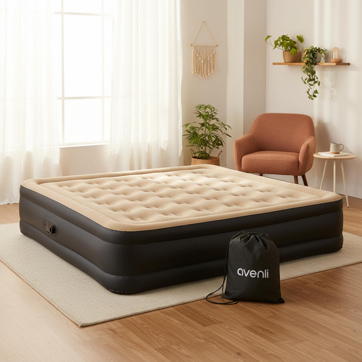 LUFTBETT Luftmatratze selbstaufblasend 203 x 157 x 47 cm mit integrierter Pumpe - Beige/Schwarz, Kunststoff (157/203cm) - Avenli