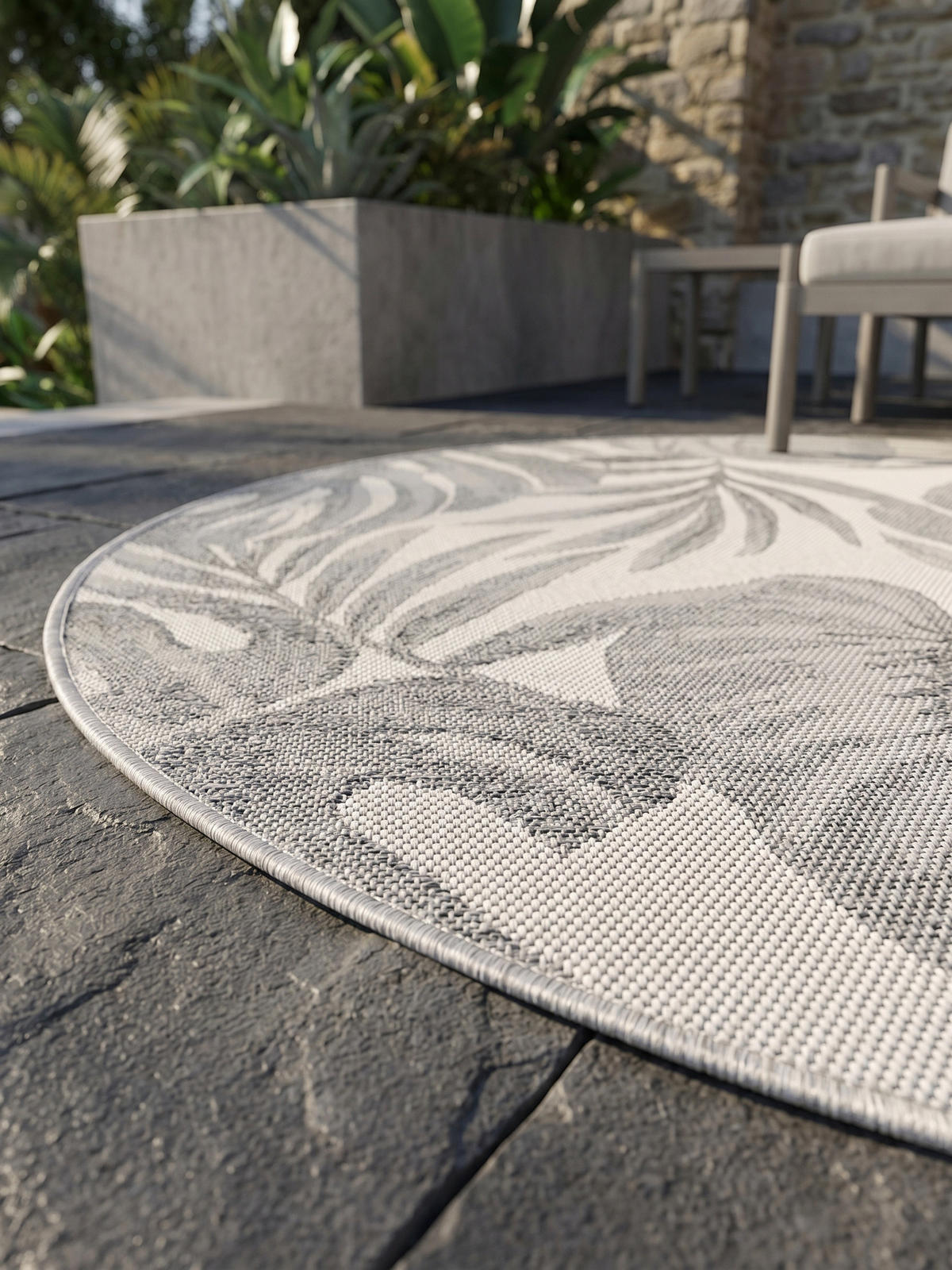 TEPPICH Outdoor VENTOUX in Grau, mit Tropen-Motiv, Ø 80 cm - Grau, Textil (80/80cm) - KADIMA DESIGN
