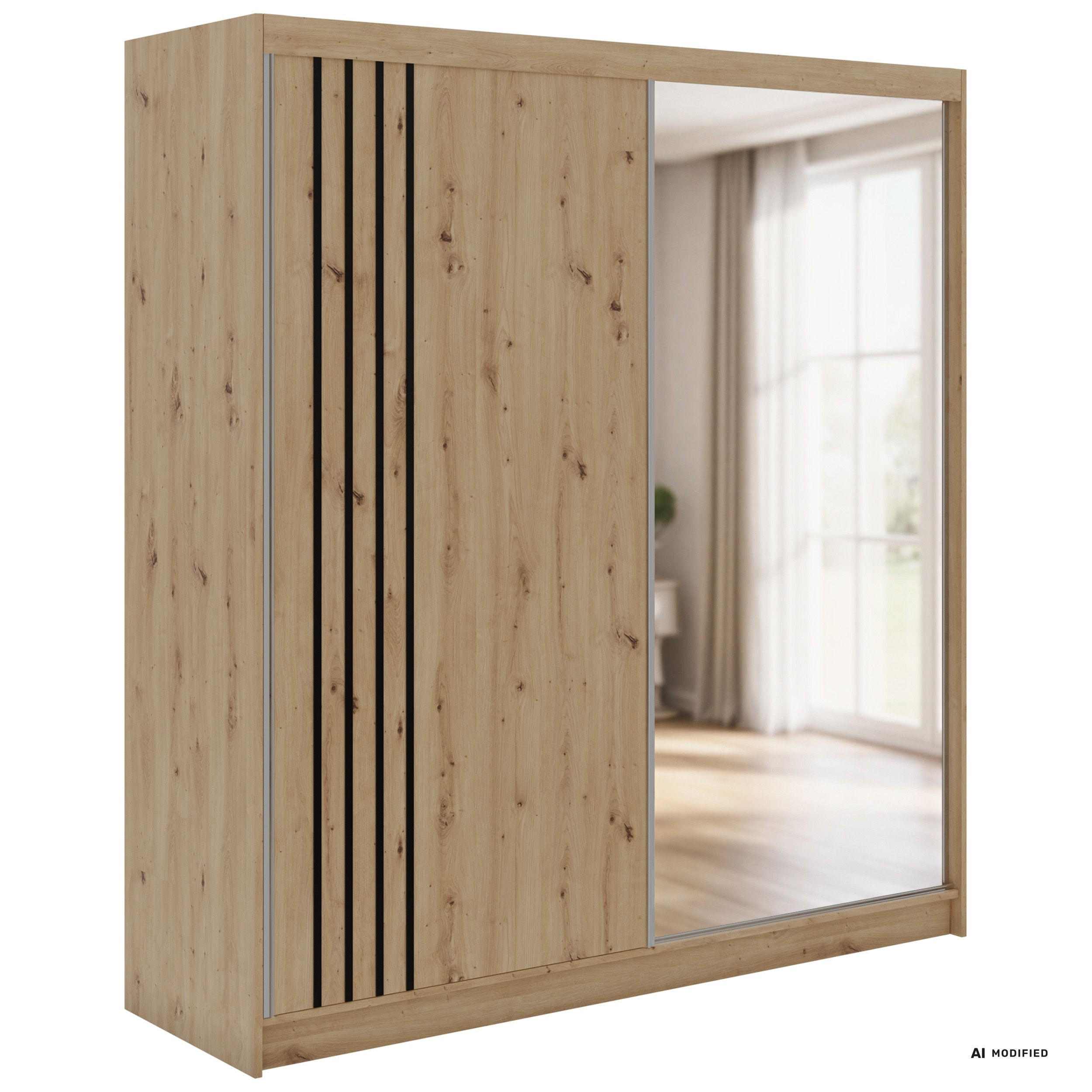 MKS Schwebetürenschrank Eiche Artisan, Schwarz 200x216x61 cm