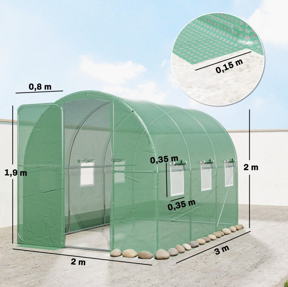 GEWÄCHSHAUS aus Polyethylen 200x300x200 cm in Grün mit 6 Netzfenstern - Grün, Kunststoff (300/200/200cm) - Modfu
