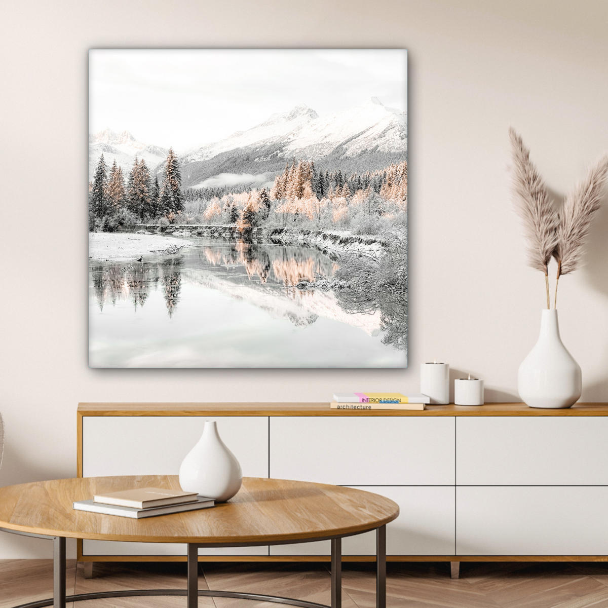 LEINWANDBILD Natur - Winter - Bäume - Berge - Schnee 90x90 cm - Weiß Hochglanz, Textil (90/90cm) - MuchoWow