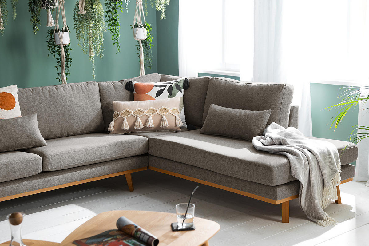 WOHNLANDSCHAFT mit Longchair - Graubraun/Buchefarben, Buchenholz/Textil (371/81/219cm) - home24