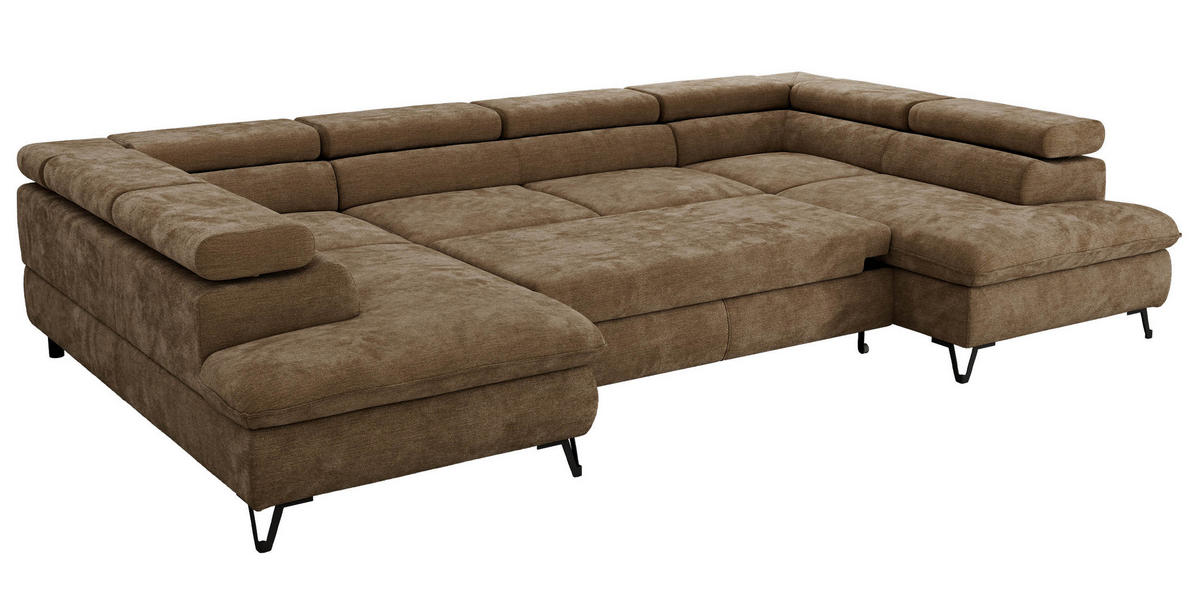 WOHNLANDSCHAFT PABLO U Schenille glatt Braun mit Topper Visco - Schwarz/Braun, Textil/Metall (346/76/208cm) - MKS