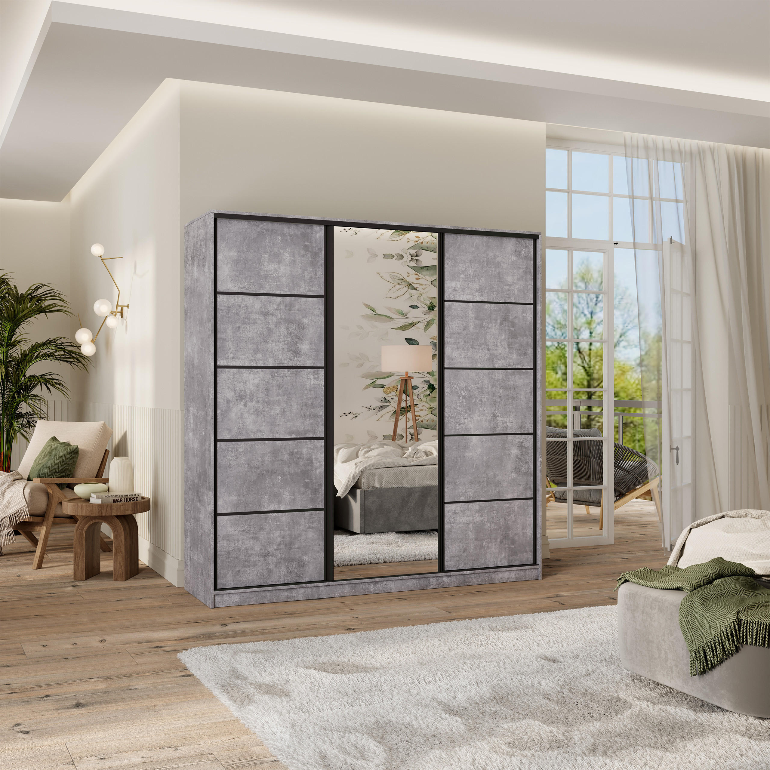 SCHWEBETÜRENSCHRANK PINA 180/205/58 cm 3-türig mit Spiegel und Schubladen Titanfarben - Titanfarben/Schwarz, Holzwerkstoff (180/205/58cm) - MASSENO