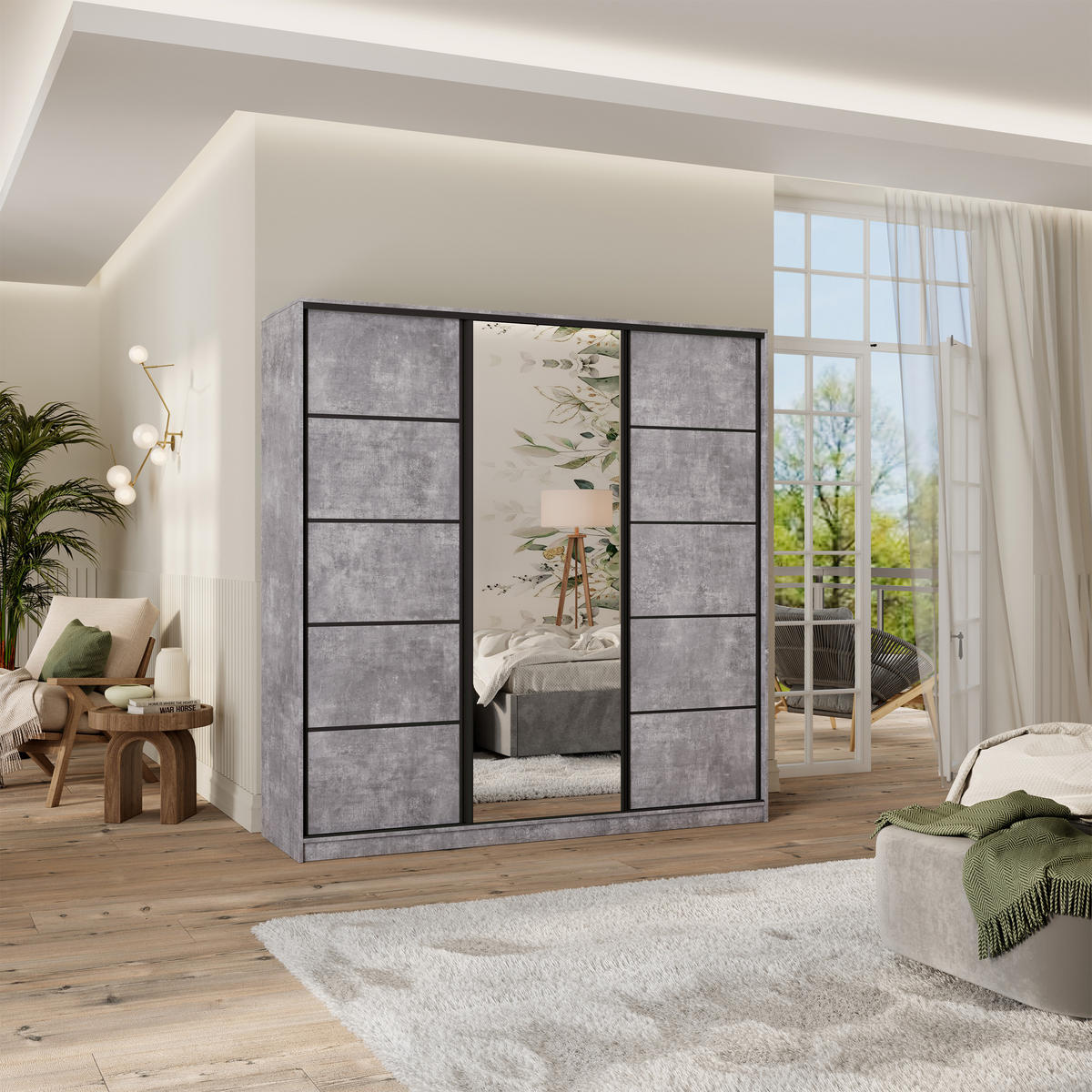 SCHWEBETÜRENSCHRANK PINA 200/205/58 cm 3-türig mit Spiegel und 4 Schubladen Titanfarben - Titanfarben, Holzwerkstoff (200/205/58cm) - MASSENO