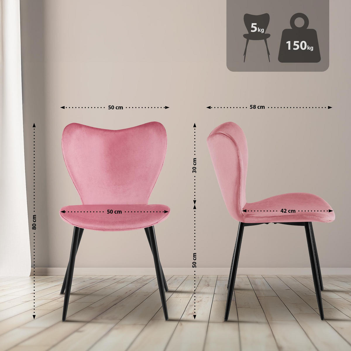 ESSZIMMERSTUHL Samt Rosa - Schwarz/Rosa, Textil/Metall (50/80/58cm) - CLP