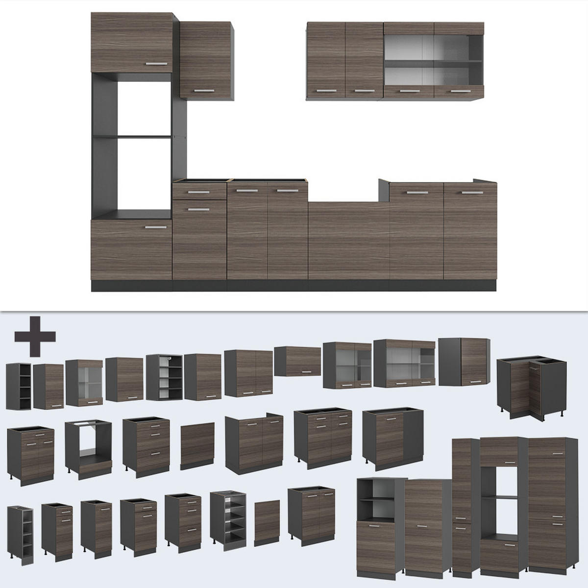 KÜCHENZEILE R-Line Edelgrau/Anthrazit 300 cm mit Hochschrank, ohne Arbeitsplatte - Anthrazit/Braun, Holzwerkstoff (300/81.6/46cm) - Vicco